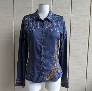 Johnny Was silk button up embroidered top